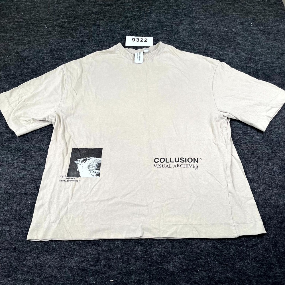 COLLUSION T Shirt Womens 4 Beige Knit Graphic Print Cotton Crew Neck FLAWED